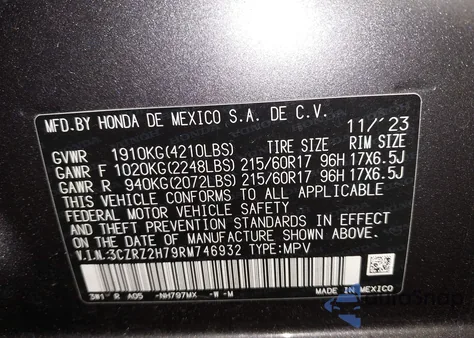 2024 Honda Hr-V Awd Ex-L/Awd Ex-L W/O Bsi z USA, uszkodzony, nr VIN 3CZRZ2H79RM746932